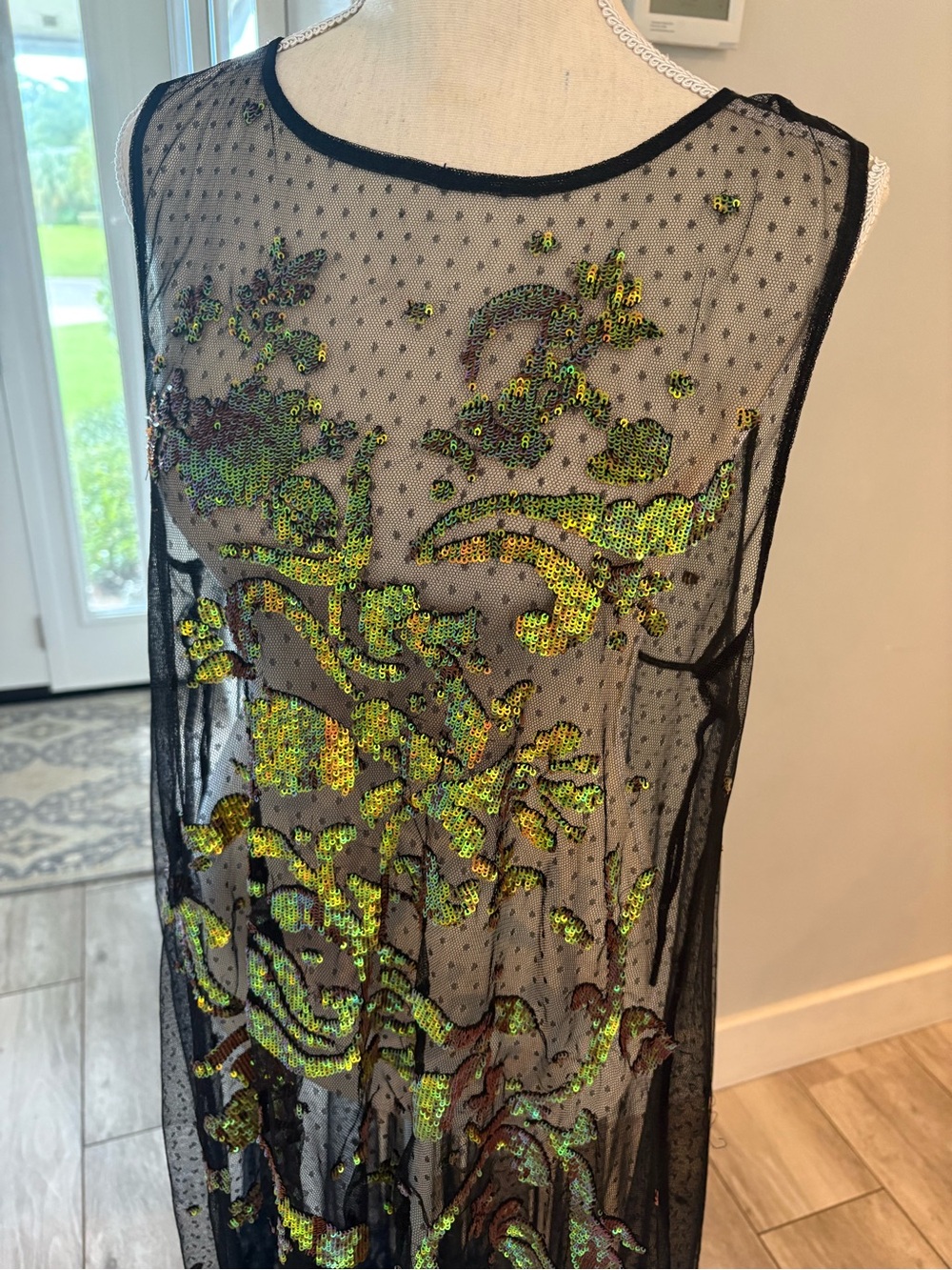 Free People Festival Black Sheer Mesh Dress with Green Sequin Embroidery, boho - Picture 3 of 11